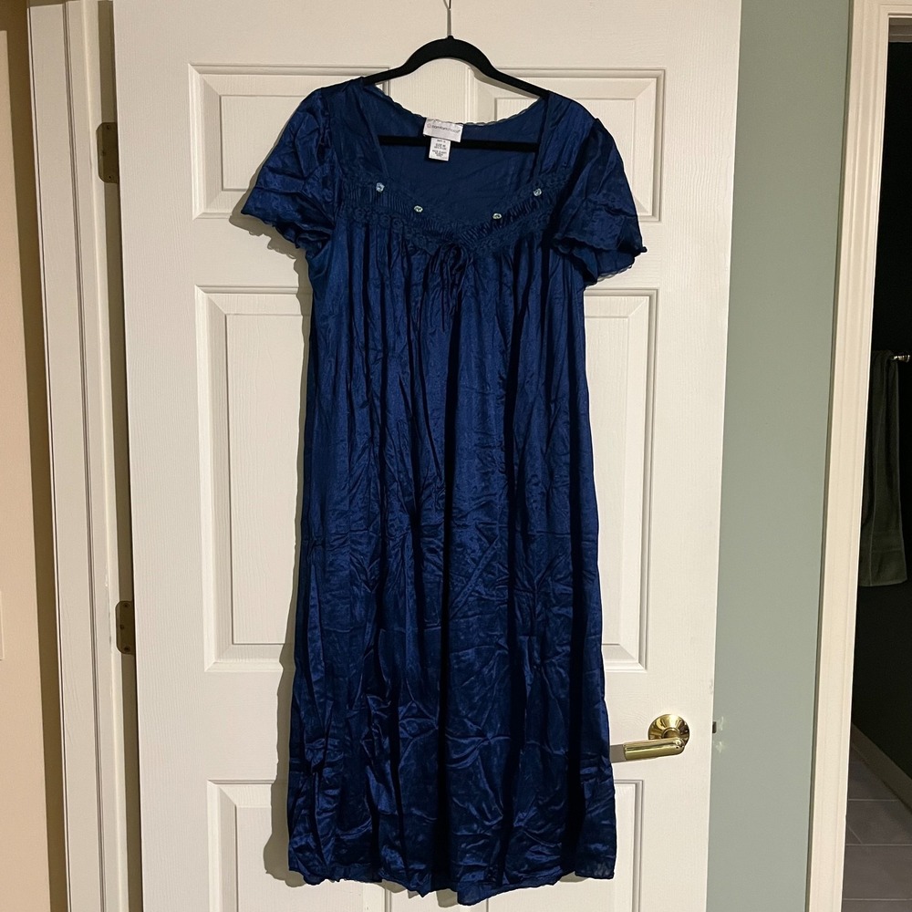 Vintage Comfort Choice Nightgown Blue Nylon Satin Lace Floral Embroidered Size M